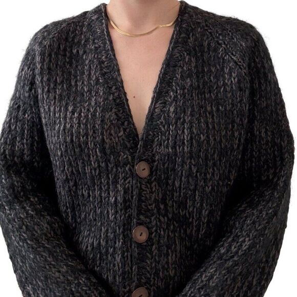 Vintage Womens Hand Knit Black Brown Marled 100% Wool Ribbed Chunky Cardigan - Picture 5 of 7